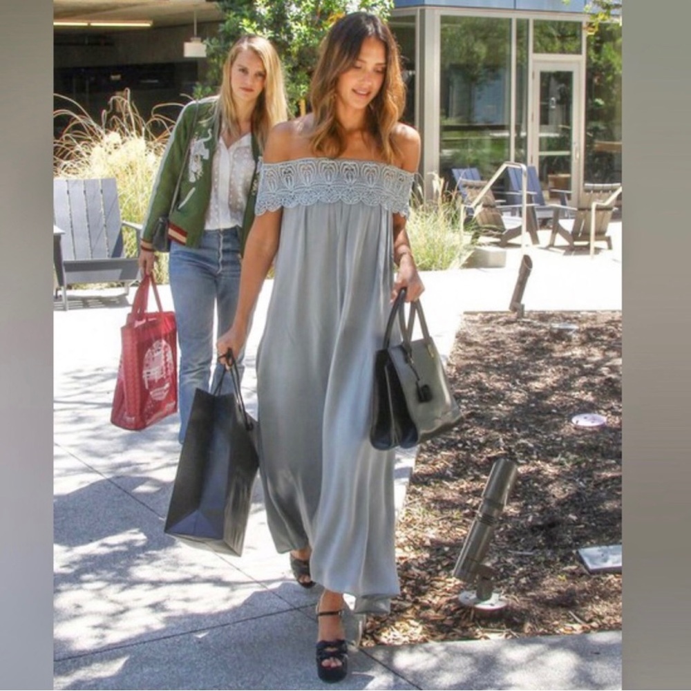 Self Portrait Bardot Off Shoulder Maxi Dress gray blue size 6 silk blend